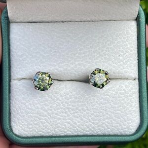 Green Moissanite Stud Earrings, Sterling Silver 6-Prong, 2CTW